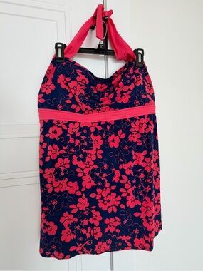 Vintage Catalina Swim Dress Navy & Pink Floral Design Halter Neck Plus Size 3X
